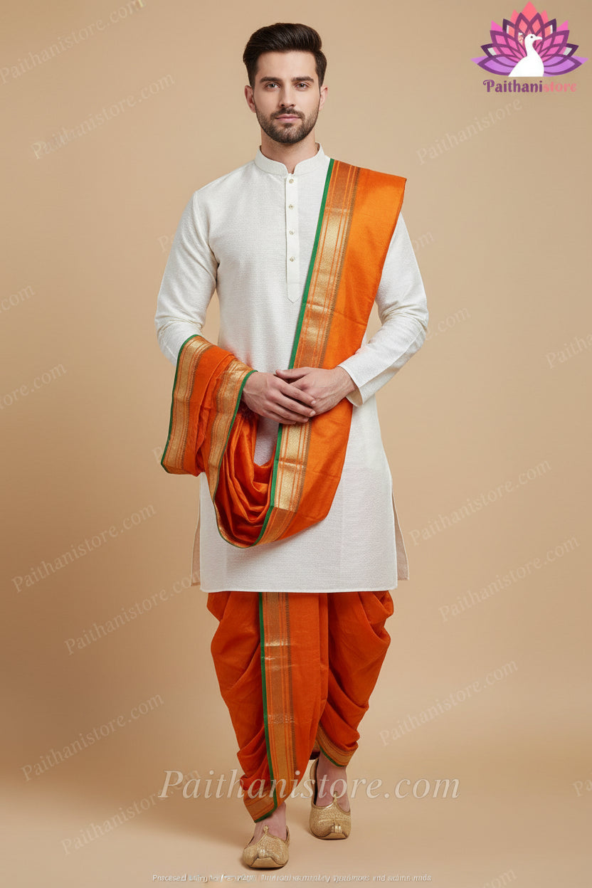 Dhotis - Buy Traditional Orange Yellow Men's Dhoti - Paithanistore