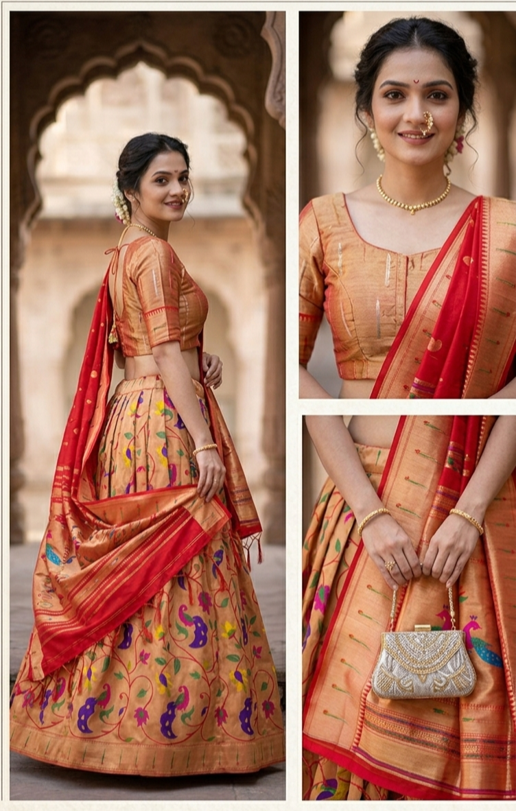 Soft Silk Paithani Lehenga for Wedding - Side Angle