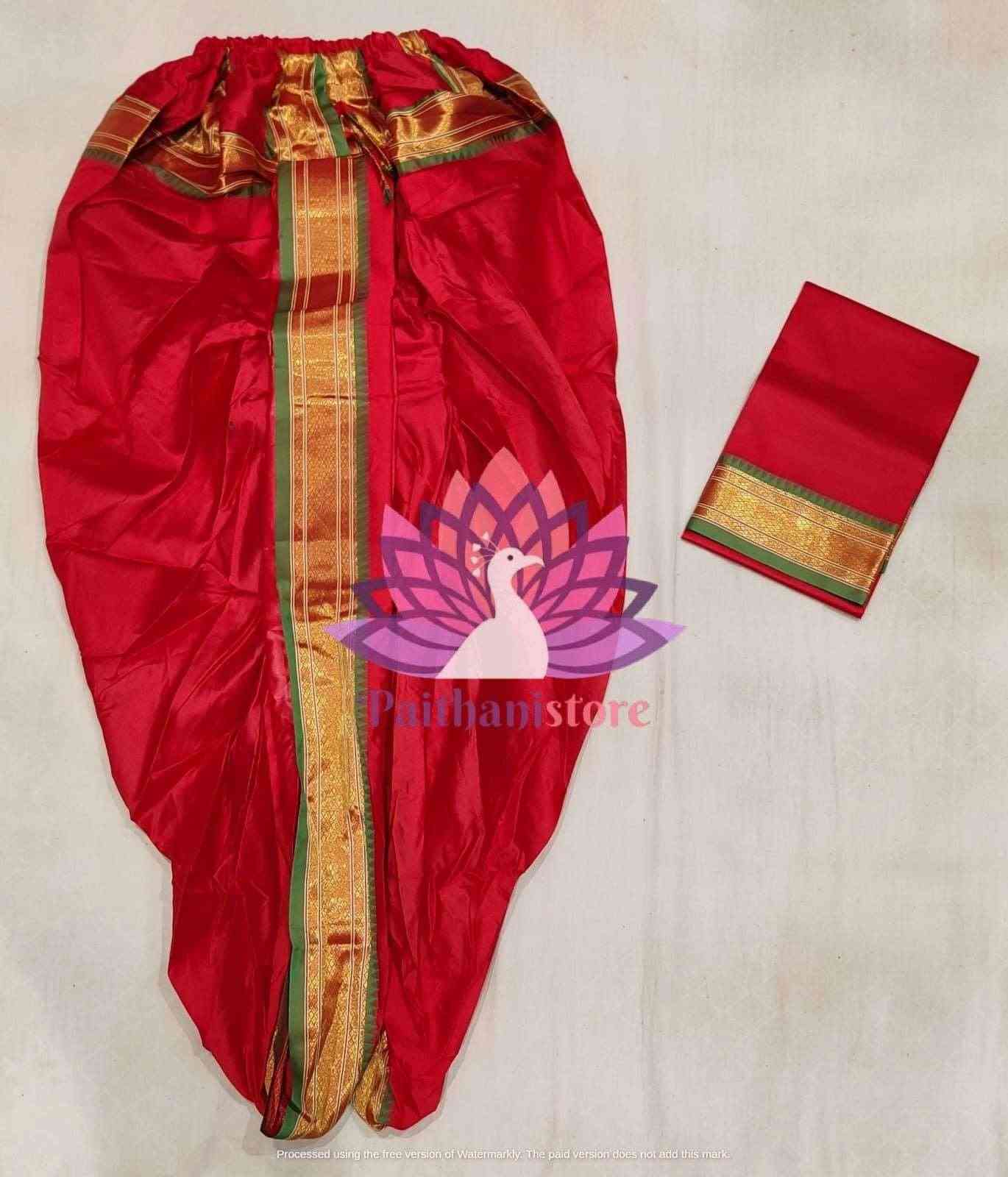 Ready to Wear Plain Silk Red Dhoti For Men - Paithanistore