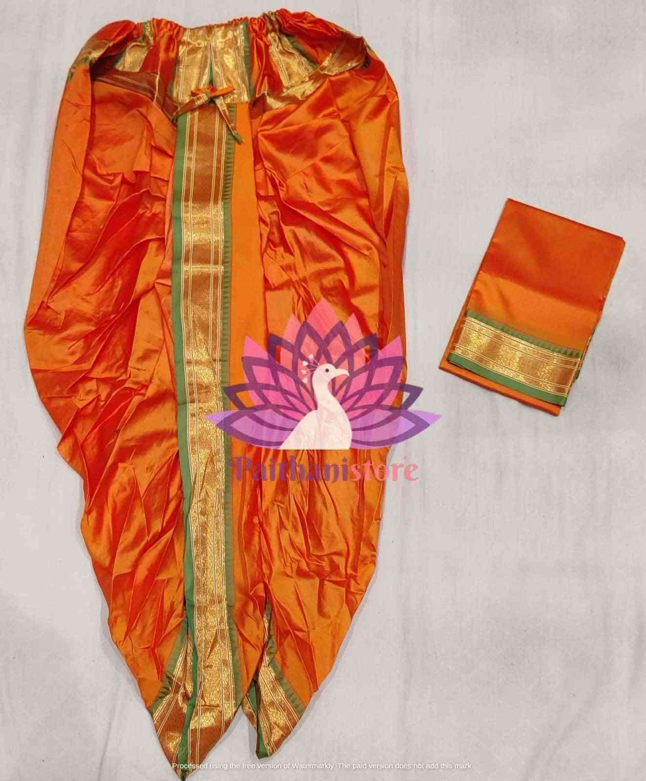 Ready to Wear Plain Silk Orange Dhoti For Men - Paithanistore