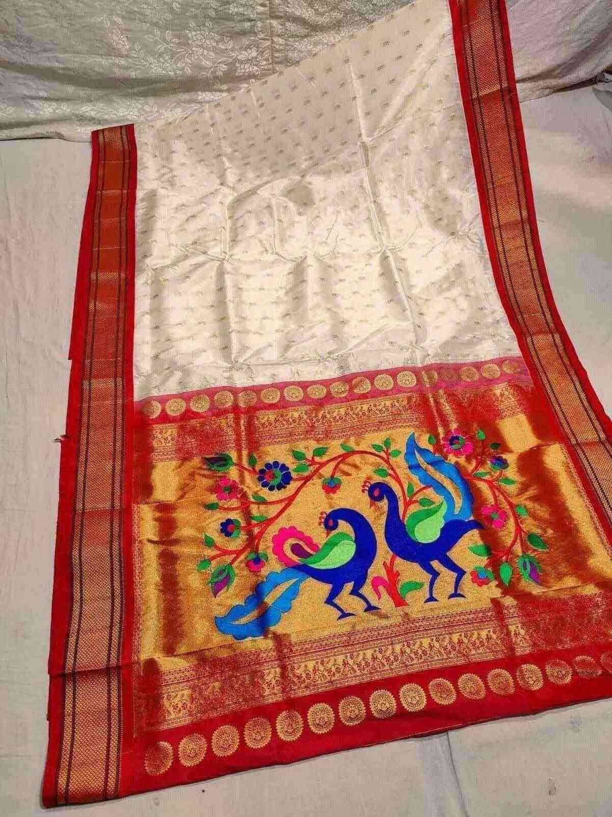 White Semi Silk Paithani - Paithanistore