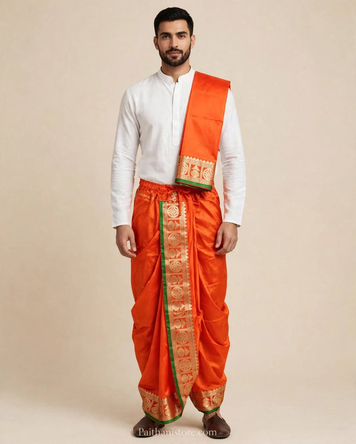 Dark Orange ready to wear dhoti for men with gold woven border and matching shela, worn with a white kurta