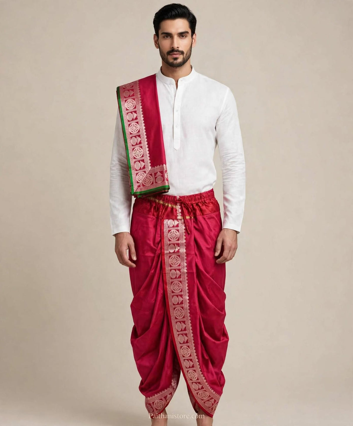 Dark Red ready to wear dhoti for men with gold woven border and matching shela, worn with a white kurta