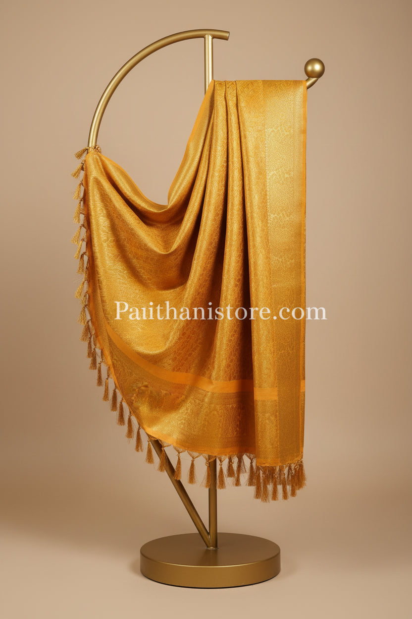 Mustard Paithani Shela with tone-on-tone gold leaf-stripe weave