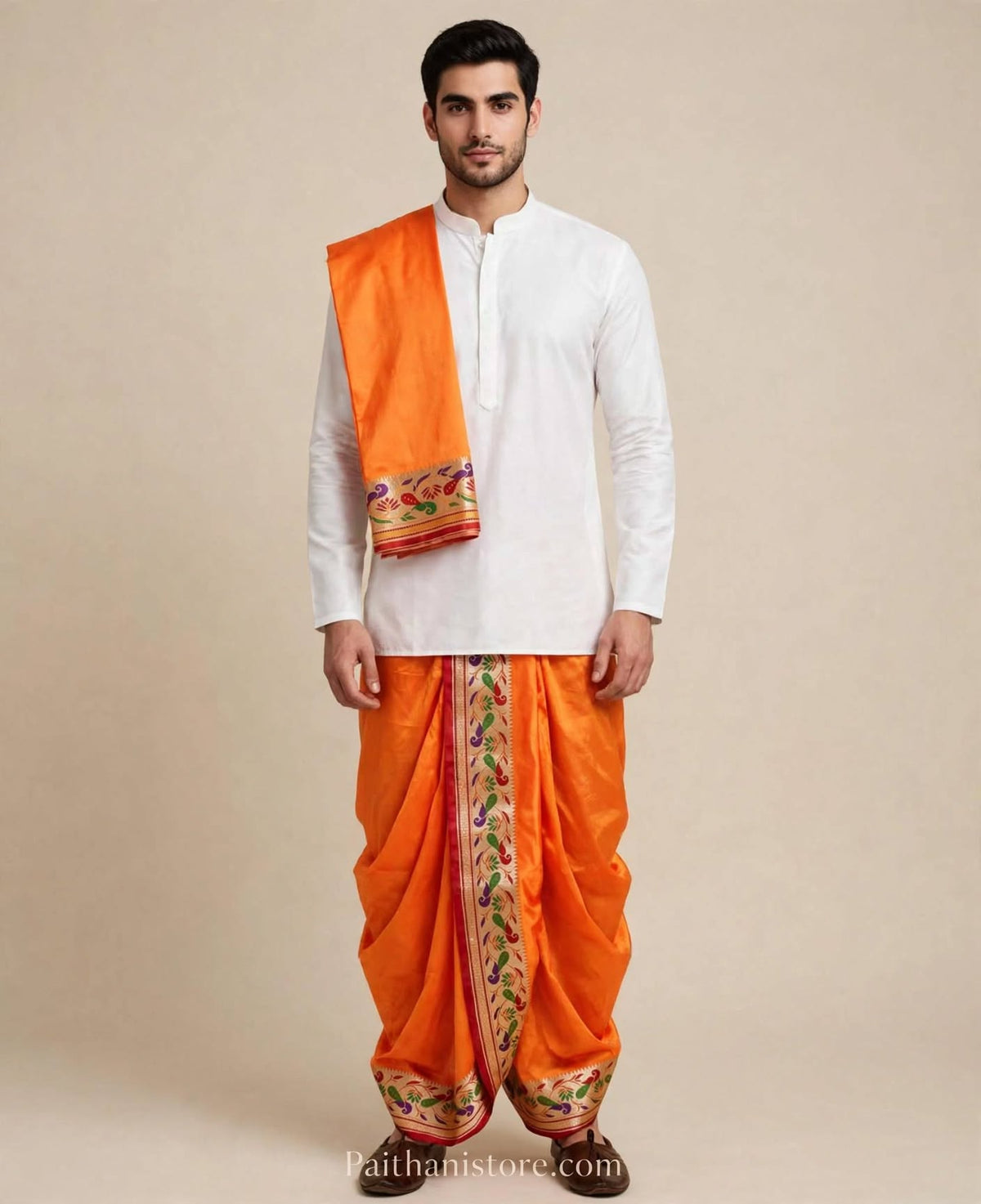 Orange ready to wear dhoti for men with colourful Paithani border and matching shela, worn with a white kurta