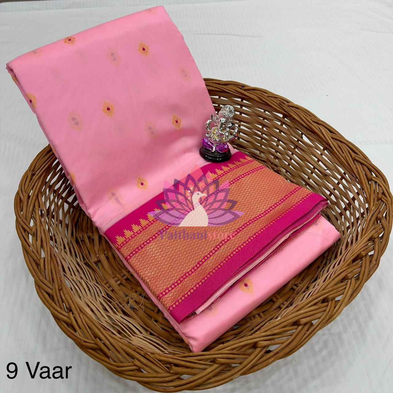 Nauvari Saree - Designer Pallu Paithani in Soft Tana Silk with Contrast Blouse Piece