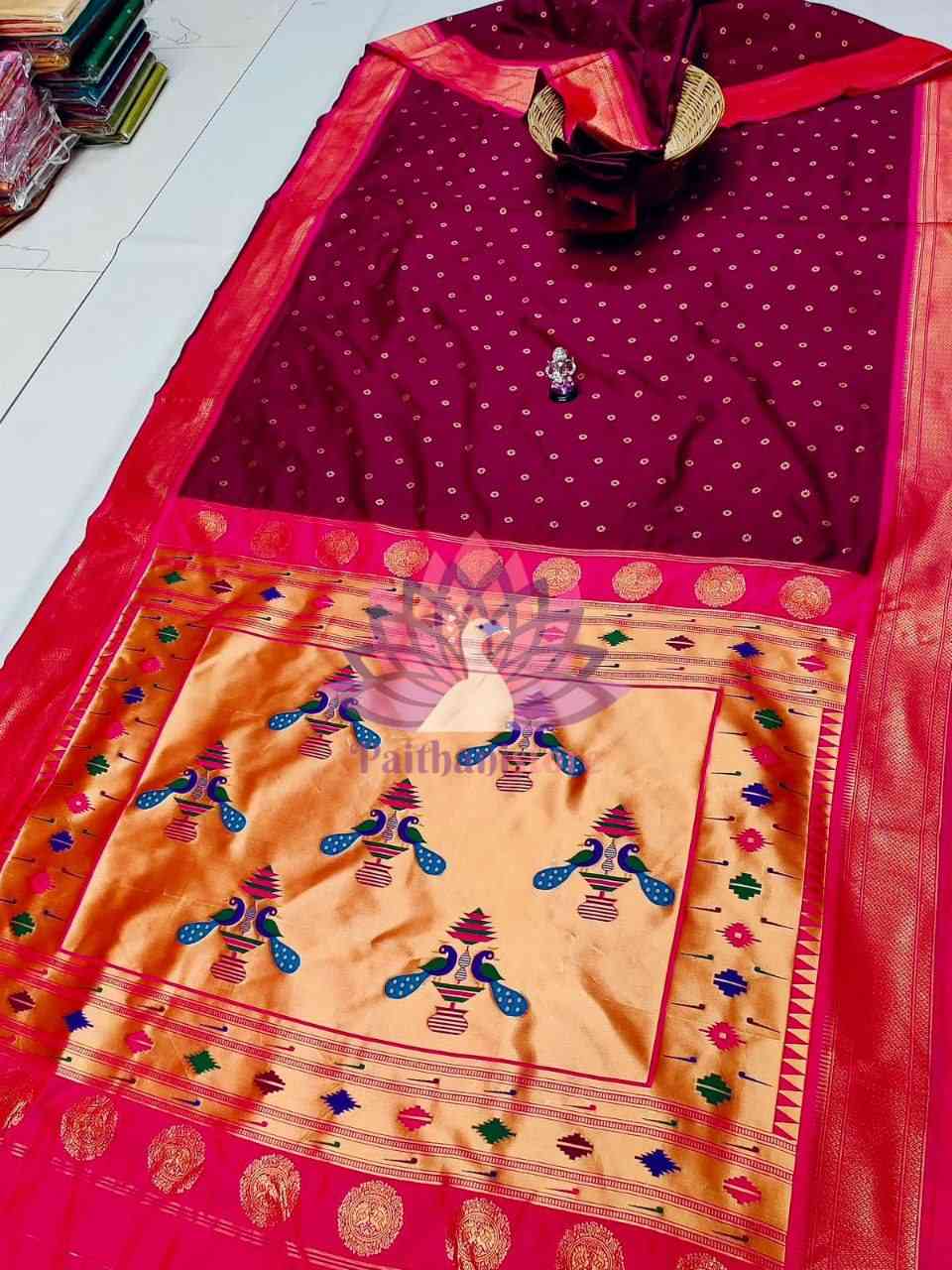 Elegant Traditional Nauvari Paithani Saree with Meena Butti - Soft Tana Silk 9 Yard Saree - Paithanistore