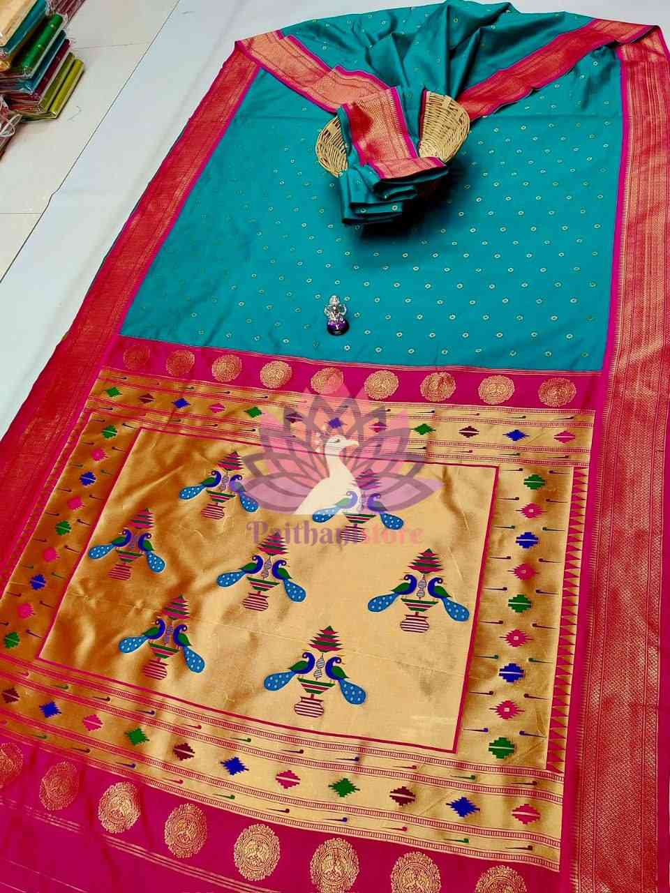 Elegant Traditional Nauvari Paithani Saree with Meena Butti - Soft Tana Silk 9 Yard Saree - Paithanistore