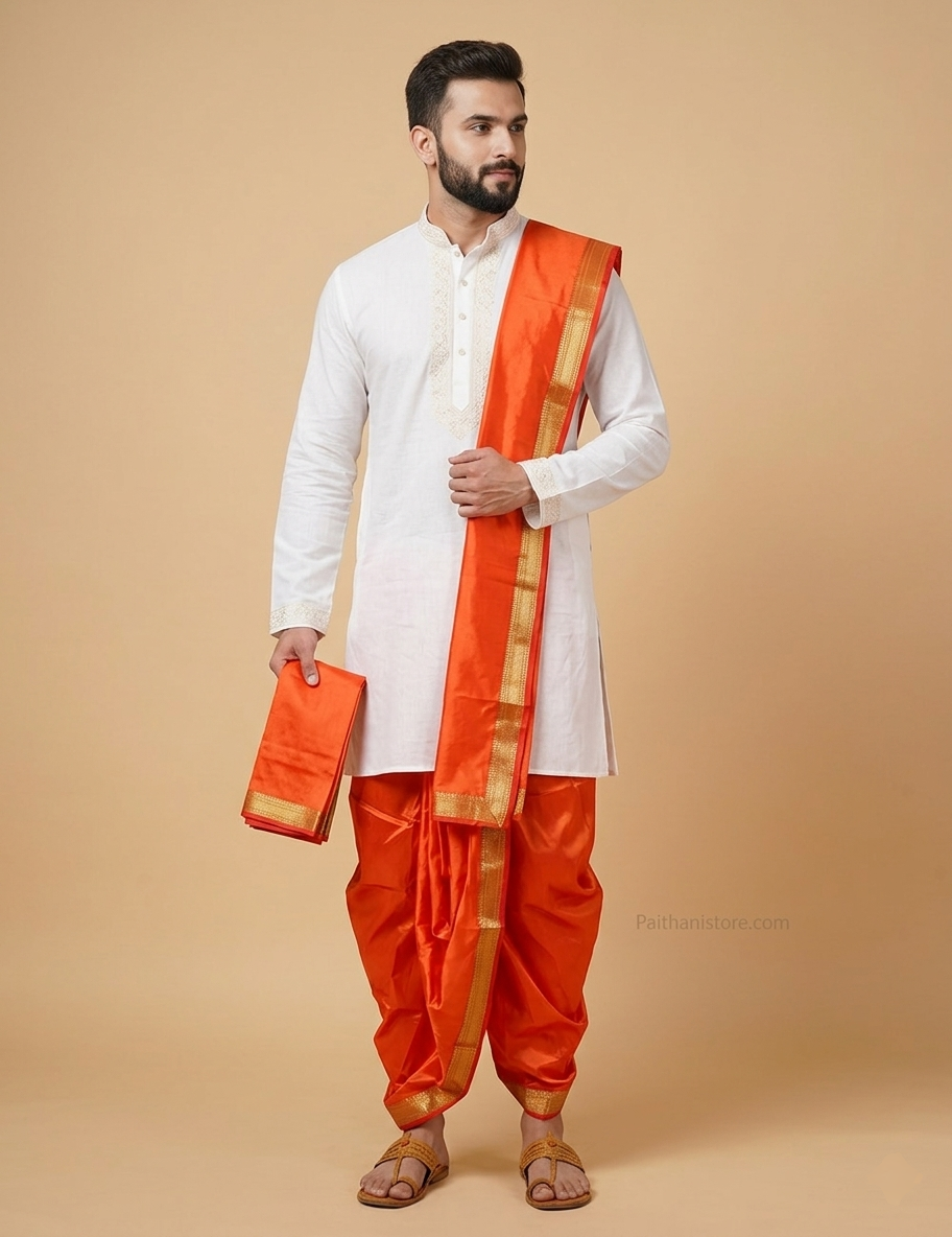 Readymade Orange Dhoti For Marriage - Traditional Men's Dhoti for Wedding & Pooja | Paithanistore