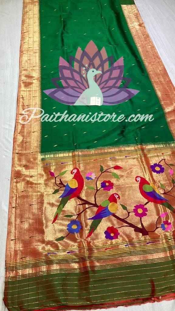 Green Color Paithani Silk Saree With Triple Muniya Border