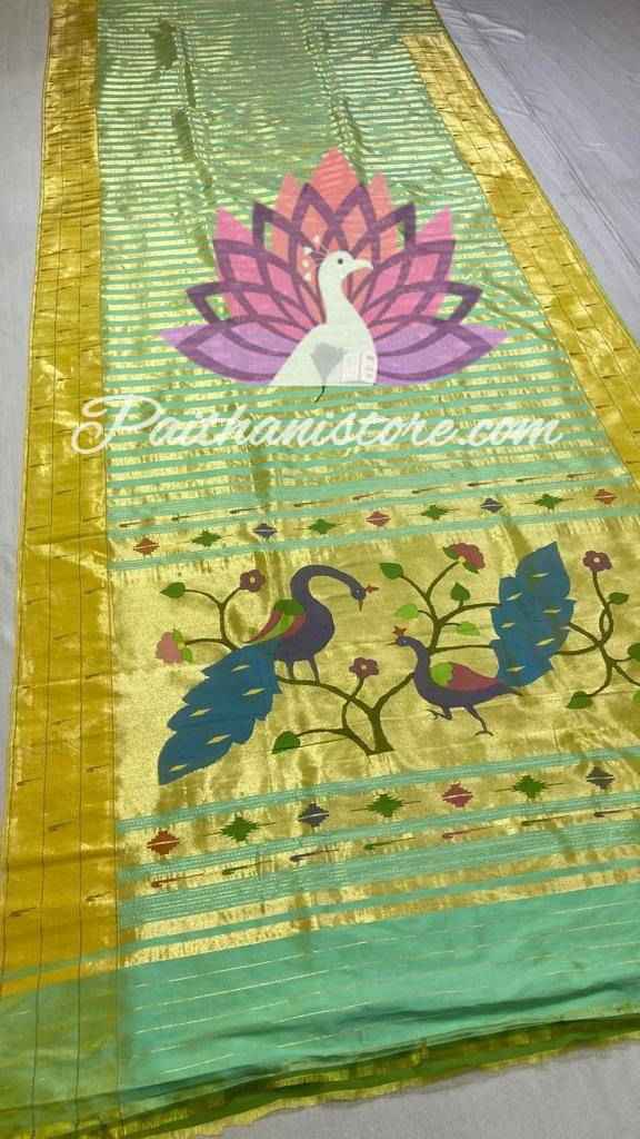 Muniya Border Pastel Green Paithani Pure Silk handloom Saree