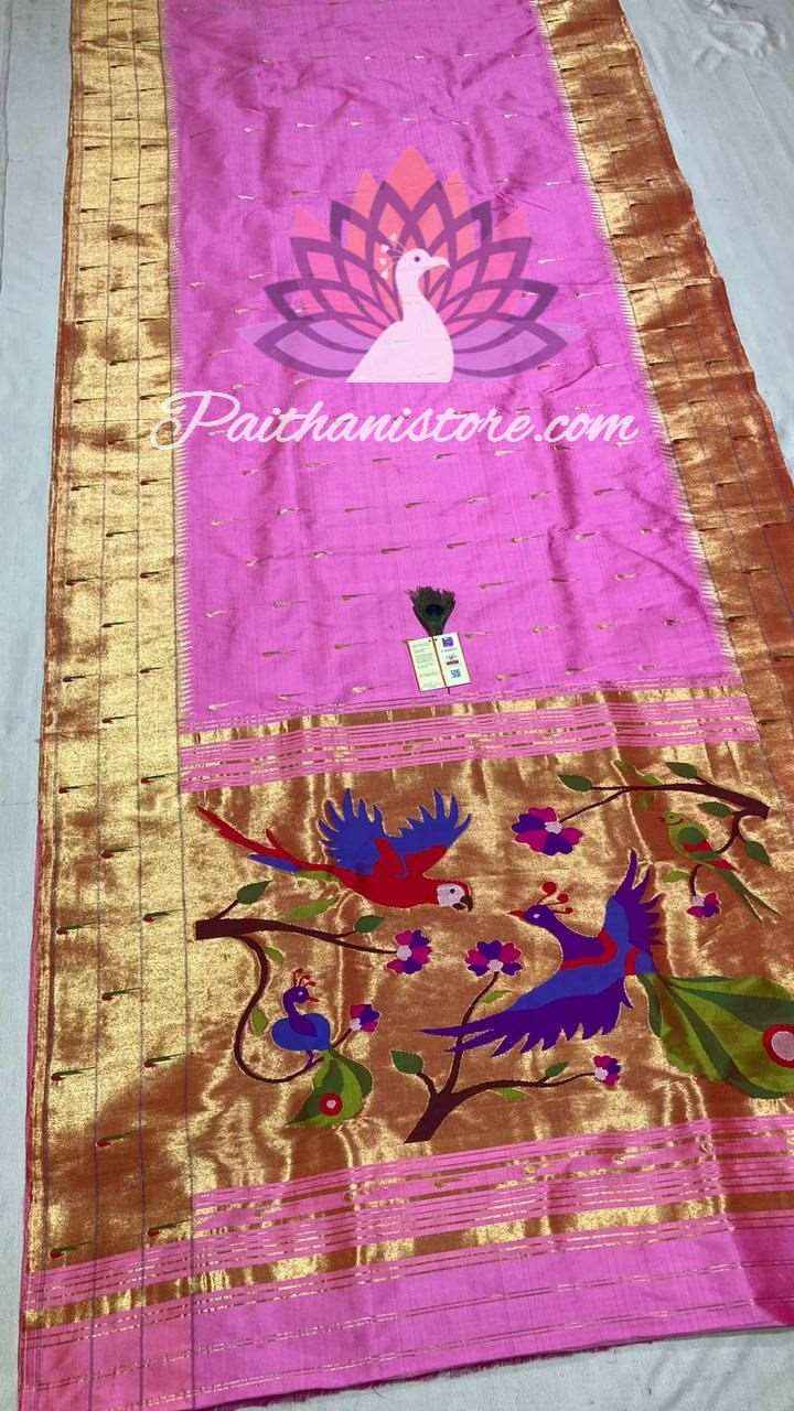 Muniya Border Yellow Triple Parrot Peacock Motif Paithani Saree