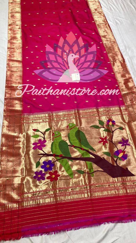 Pink Color Paithani Silk Saree With Triple Muniya Border