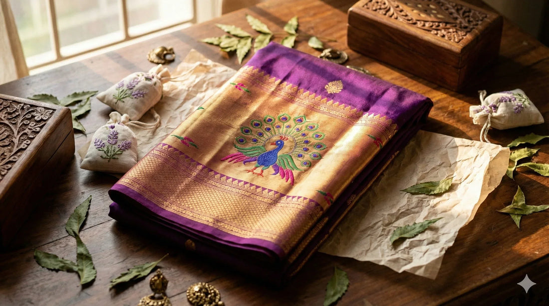 Flat lay of purple and gold Paithani saree with natural care products - moth repellents, tissue paper, and storage essentials