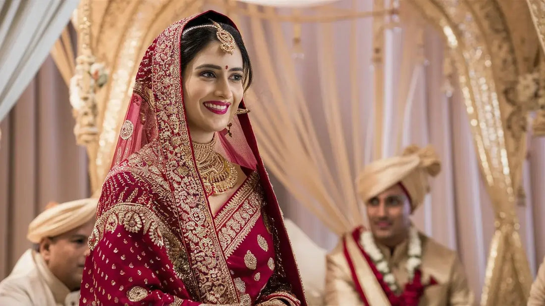 Indian bride in a red Paithani saree with gold zari work. Traditional Indian wedding mandap in the background.