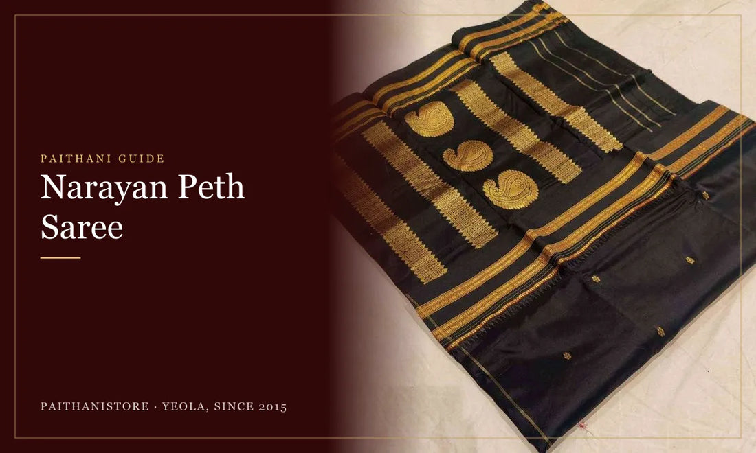 Narayan Peth Saree: Paithanistore guide cover with Black Narayan Peth Paithani Saree - Silk Blend