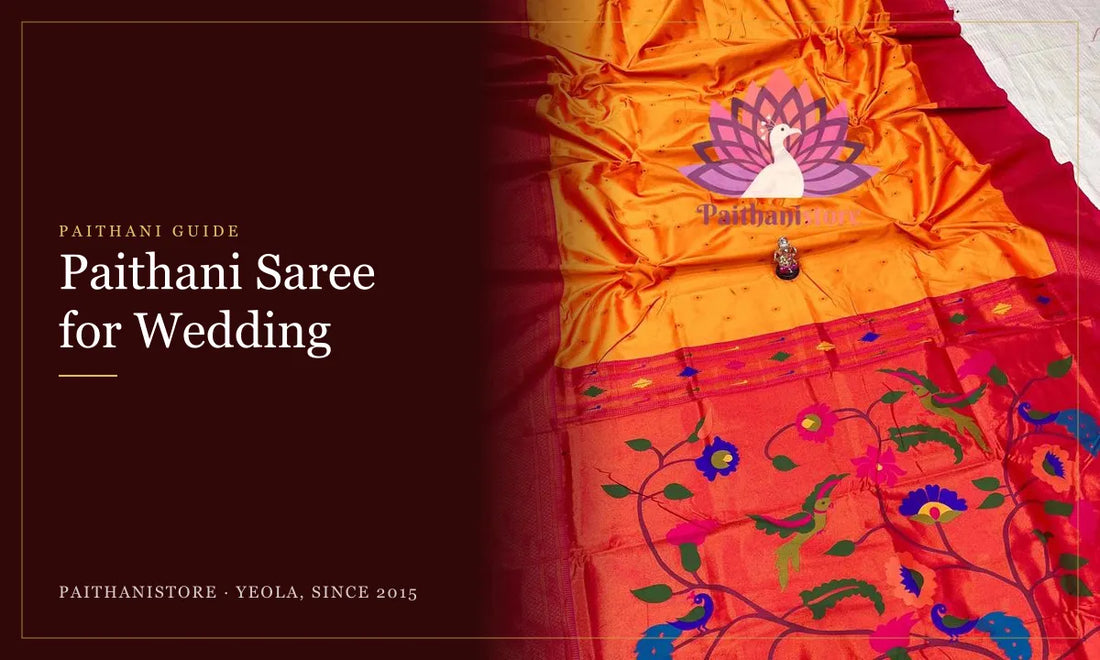 Paithani Saree for Wedding: Paithanistore guide cover with Luxurious Ruhi Kadiyal Paithani Saree with Parrot Pallu and All-Over Meena Butti