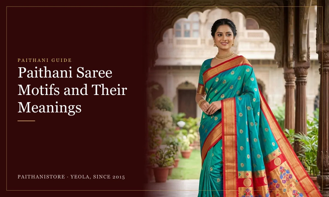 Paithani Saree Motifs and Their Meanings: Paithanistore guide cover with Morpankhi Kadiyal Maharani Silk Paithani Saree - Yeola