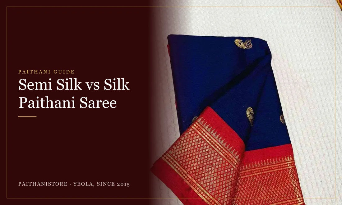 Semi Silk vs Silk Paithani Saree: Paithanistore guide cover with Blue Sico Paithani Saree - Silk Cotton