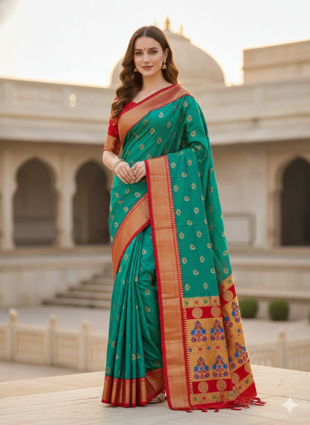 Woman wearing Morpankhi colour Paithani saree with golden zari border