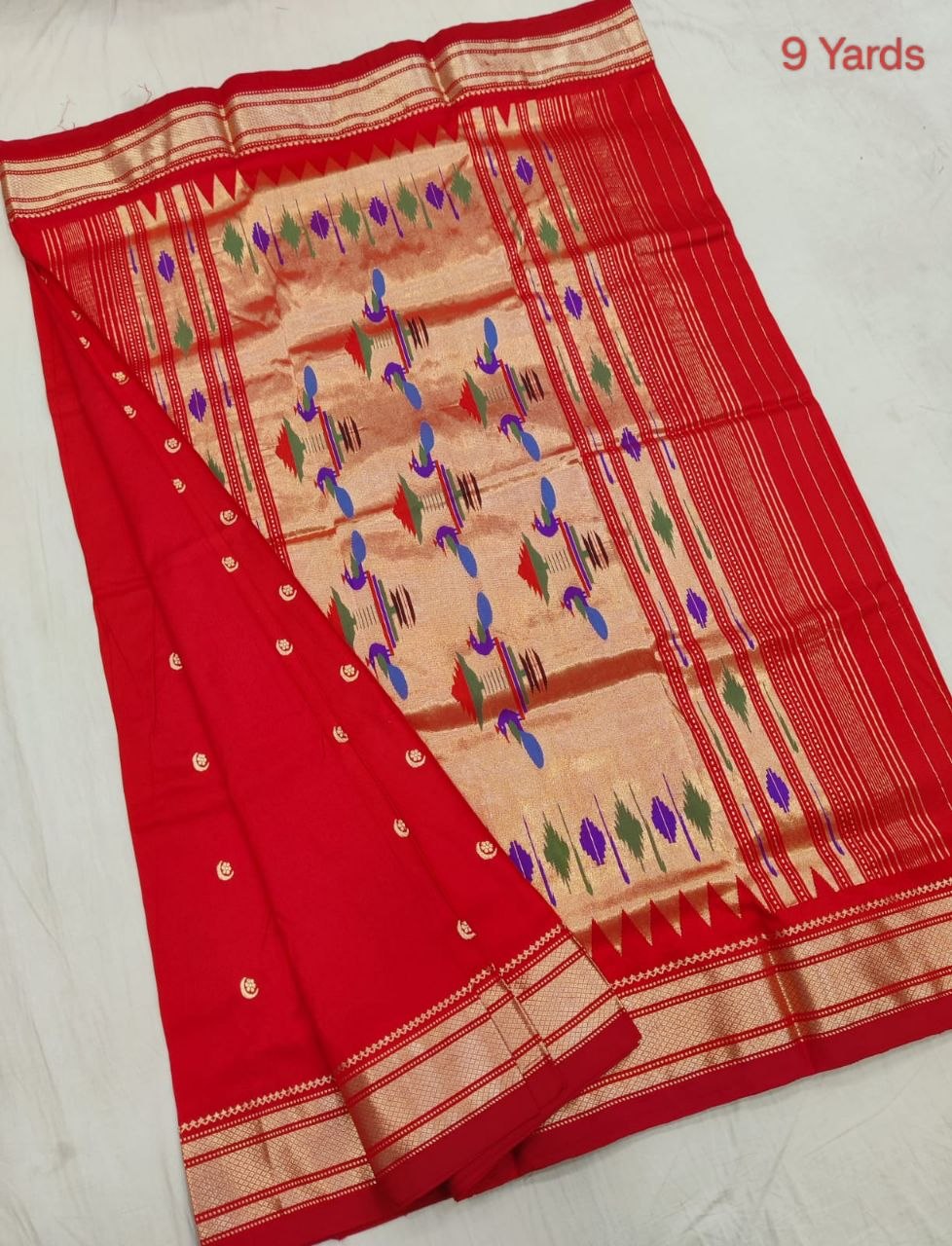 Pure Silk Handloom Nauvari Saree - 9 Yard in Red - Yeola