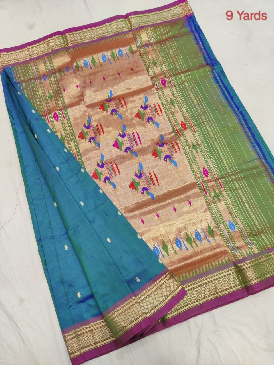 Pure Silk Handloom Nauvari Saree - 9 Yard in Morpankhi - Yeola