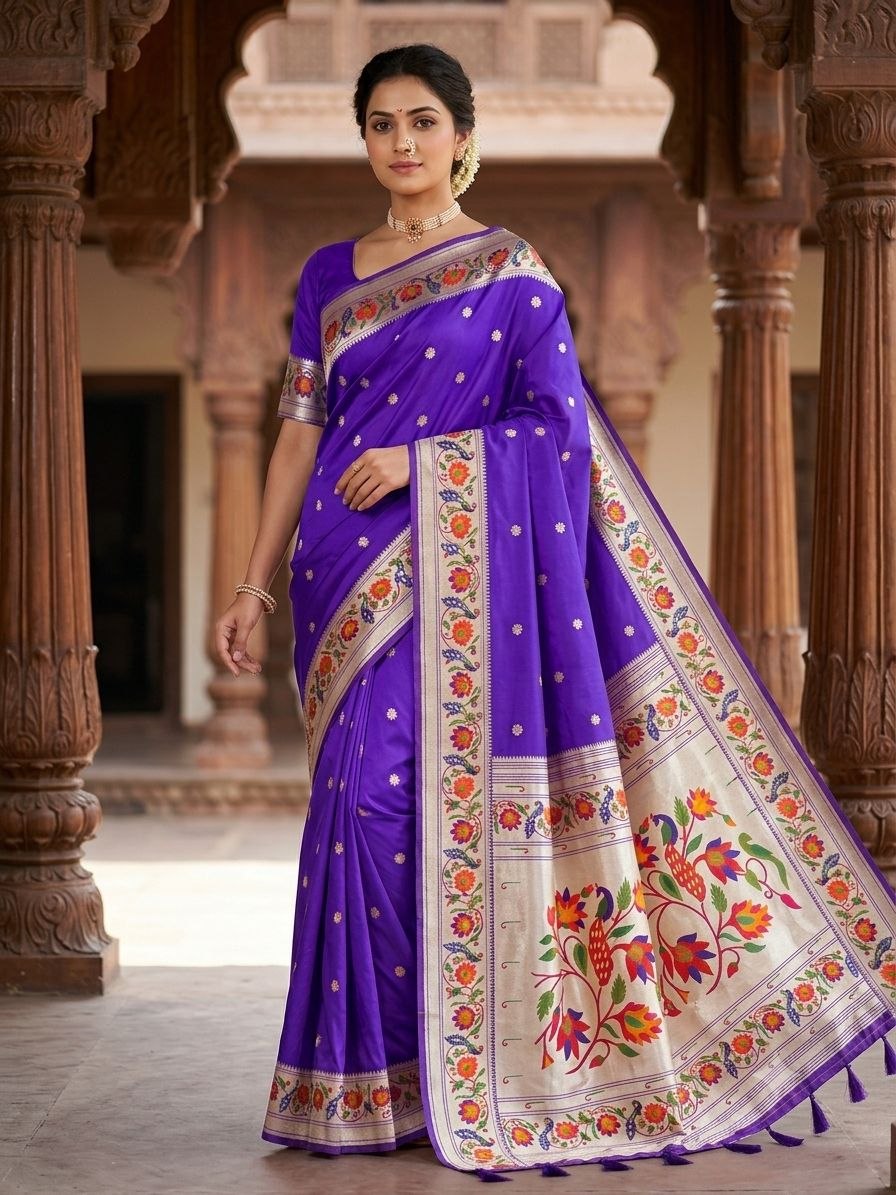 Lotus Peacock Brocade Paithani Saree in Purple - Yeola