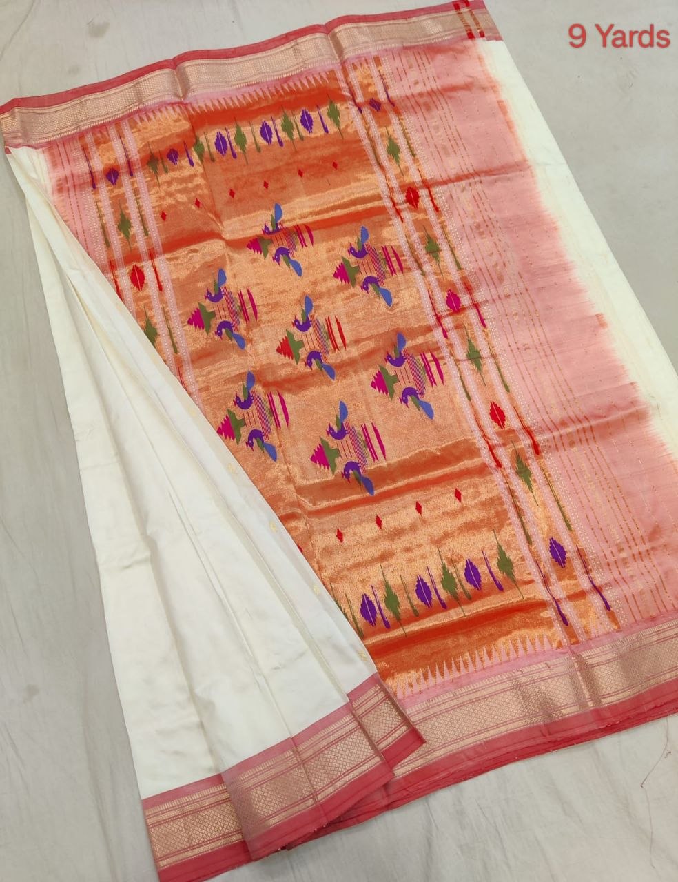 Pure Silk Handloom Nauvari Saree - 9 Yard in White - Yeola