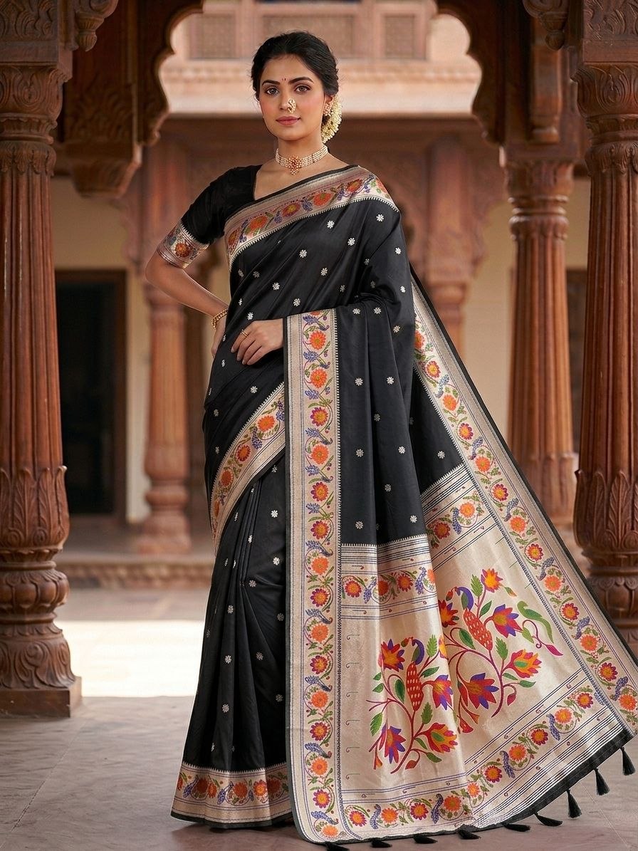 Lotus Peacock Brocade Paithani Saree in Black - Yeola