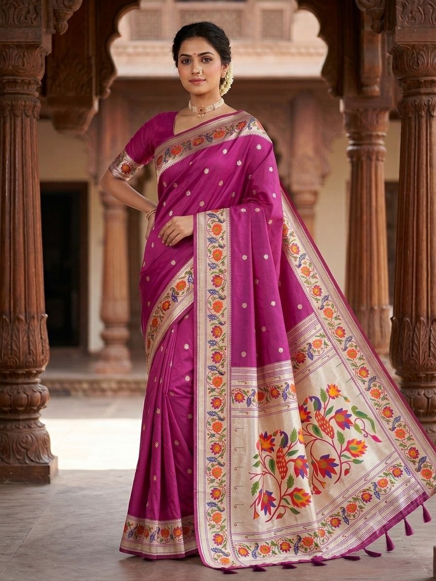 Lotus Peacock Brocade Paithani Saree in Pink - Yeola