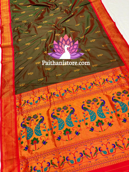 Designer Peacock Butti Kadiyal Paithani Saree — Color View