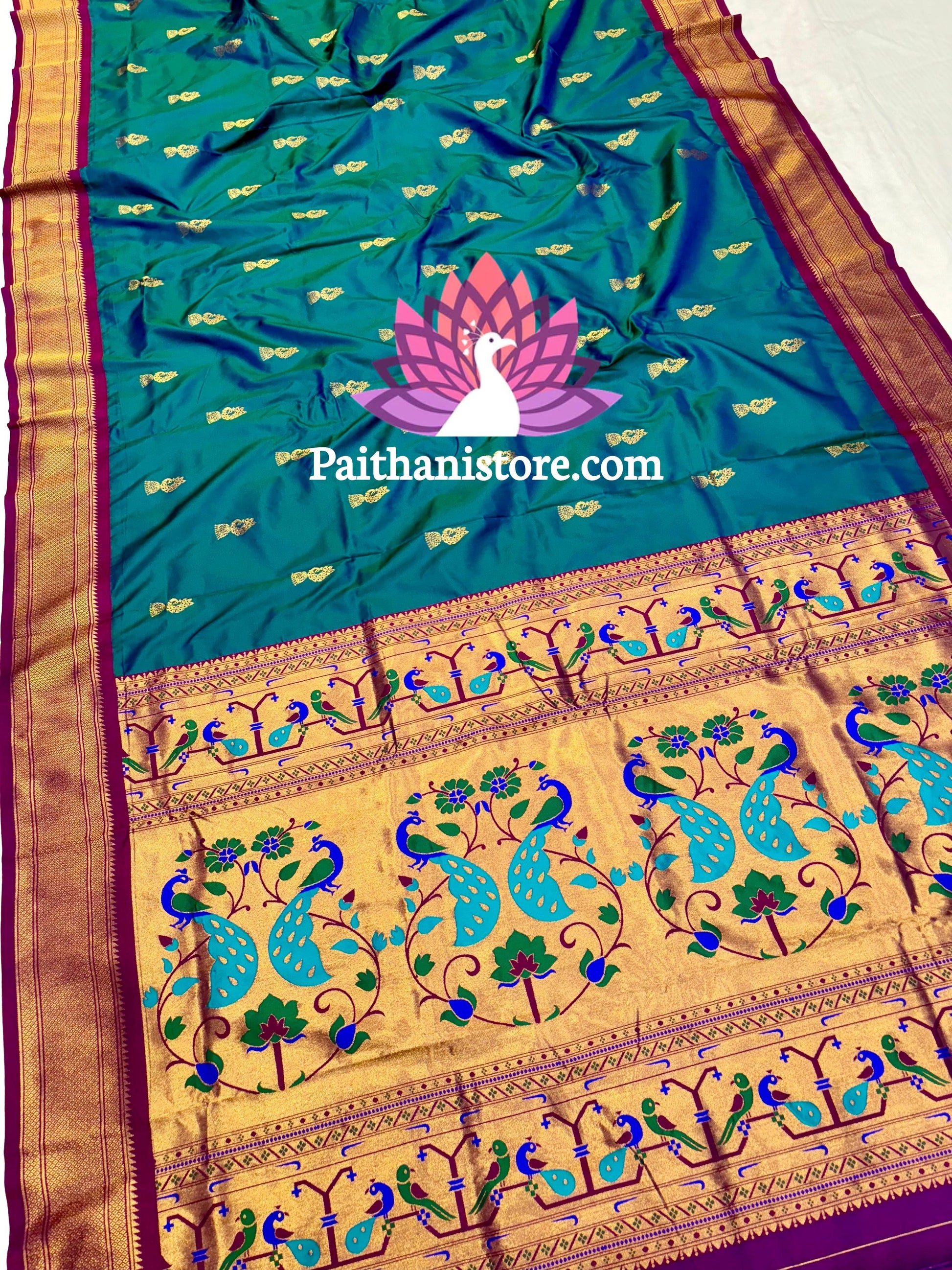 Designer Peacock Butti Kadiyal Paithani Saree — Side Angle