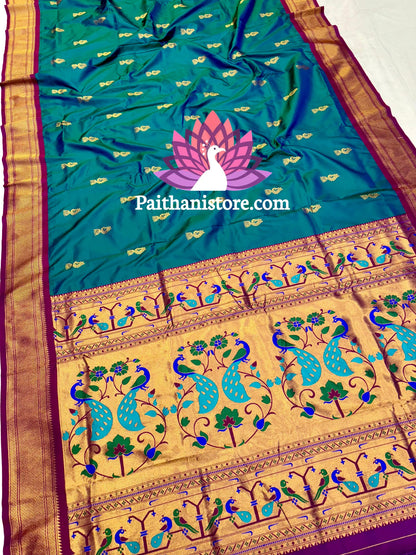 Designer Peacock Butti Kadiyal Paithani Saree — Side Angle