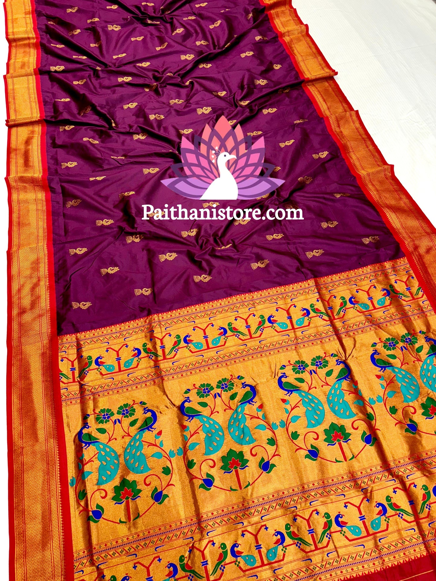 Designer Peacock Butti Kadiyal Paithani Saree — Front View