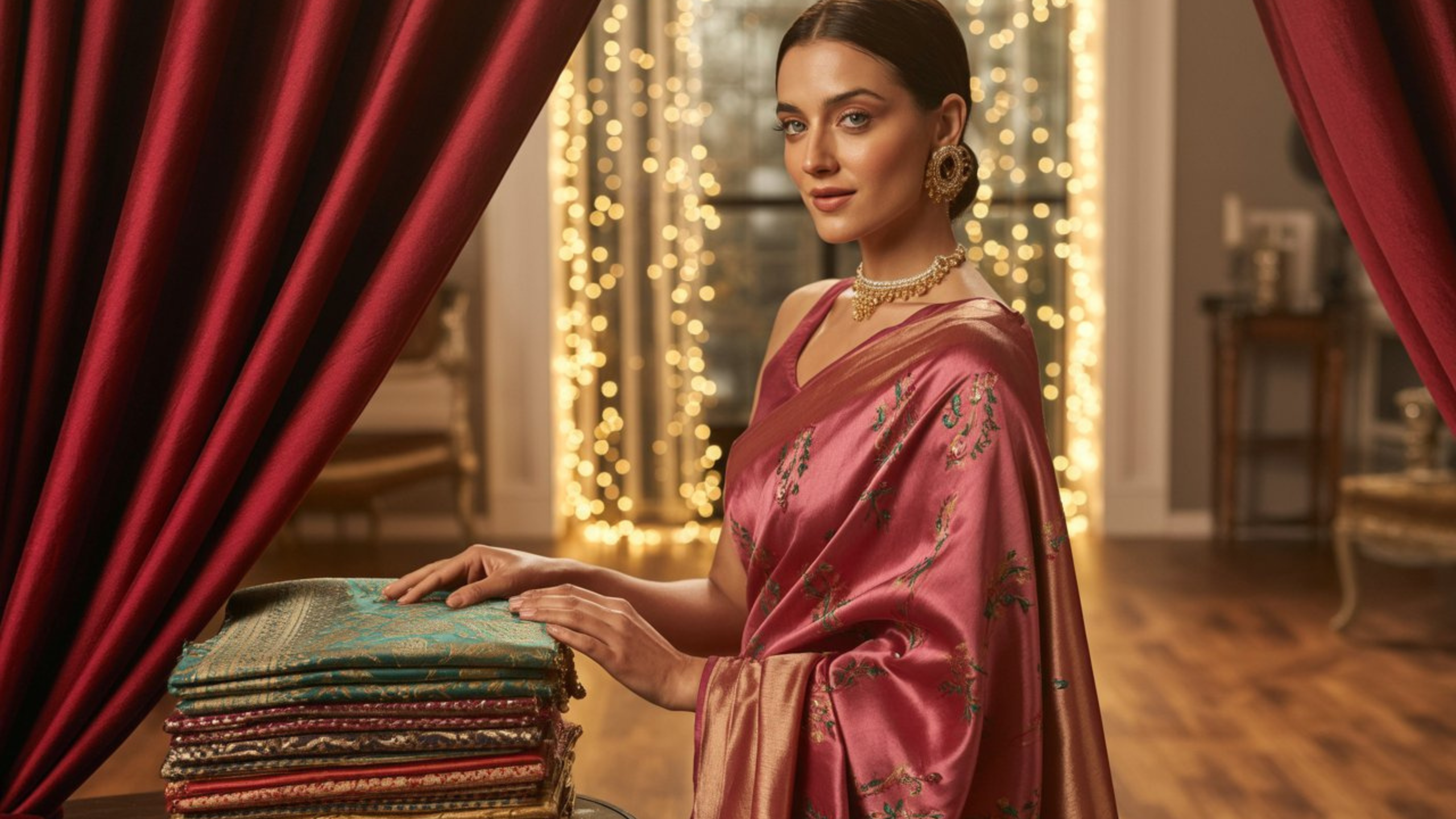 Woman in a pink saree holding a stack of sarees with decorative lights in the background End_of_season_sarees_sale_Paithanistore_2025