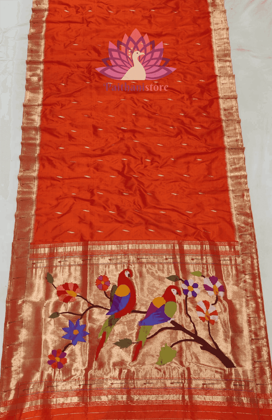 Red Color Pure Silk Handloom Muniya Border Paithani Saree