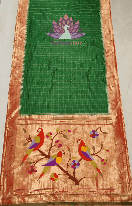 Green Paithani Silk Handloom Paithani Saree with Tripal Muniya Border Saree