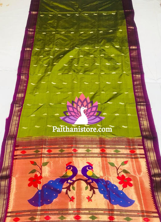 Handwoven Paithani Saree in Mehendi Color