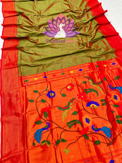 Luxurious Kadiyal Paithani Saree with Parrot Pallu and All-Over Meena Butti