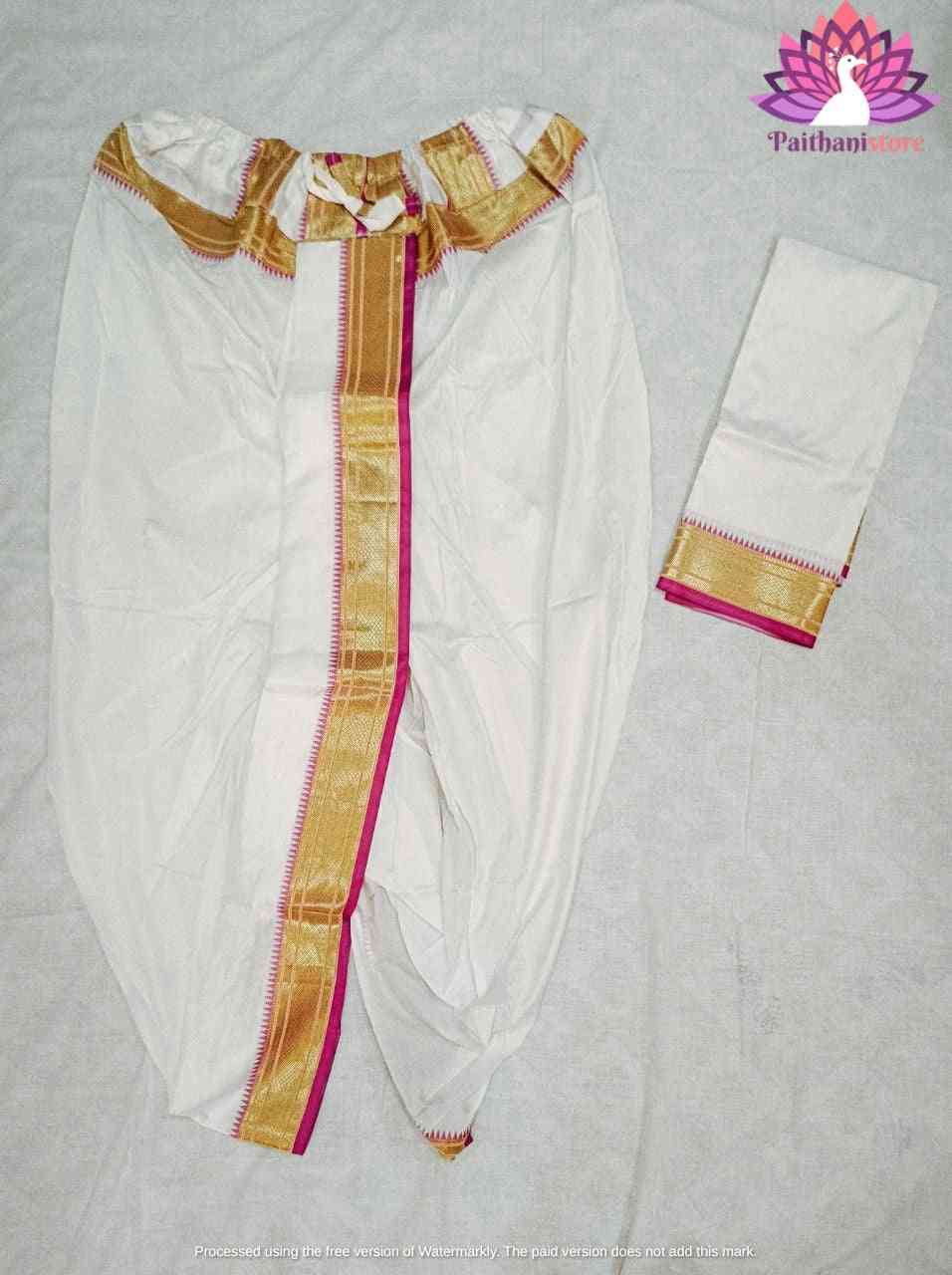 Pooja Men's White With Pink Dhoti