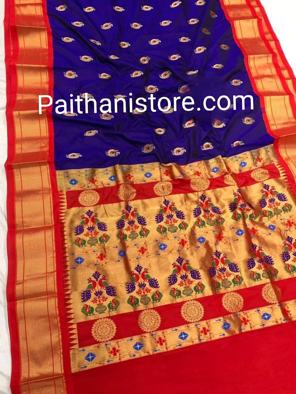 Rich Blue Pure Silk Paithani Saree — Front View