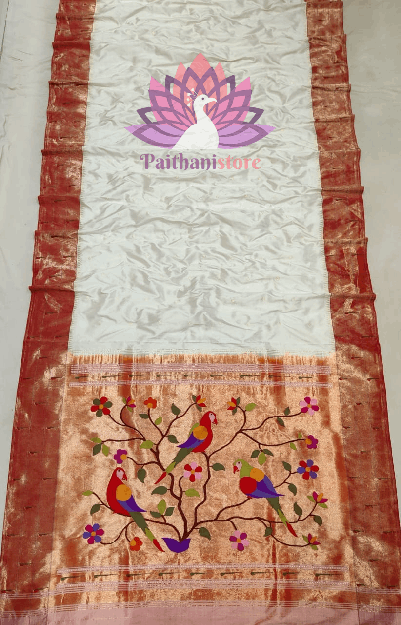 White Paithani Silk Handloom Paithani Saree with Tripal Muniya Border Saree