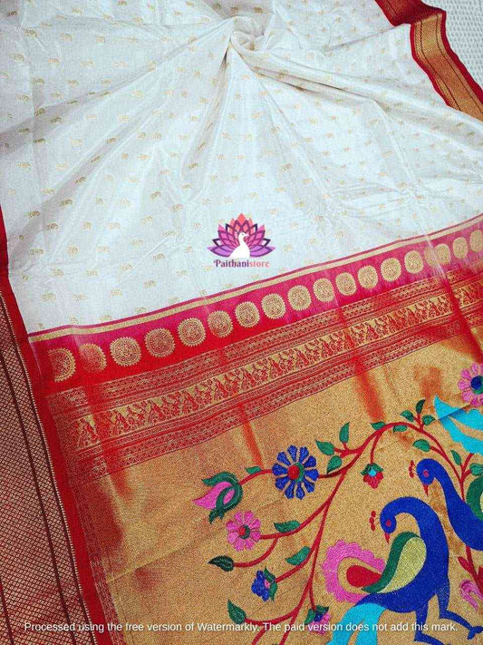 White Semi Silk Paithani