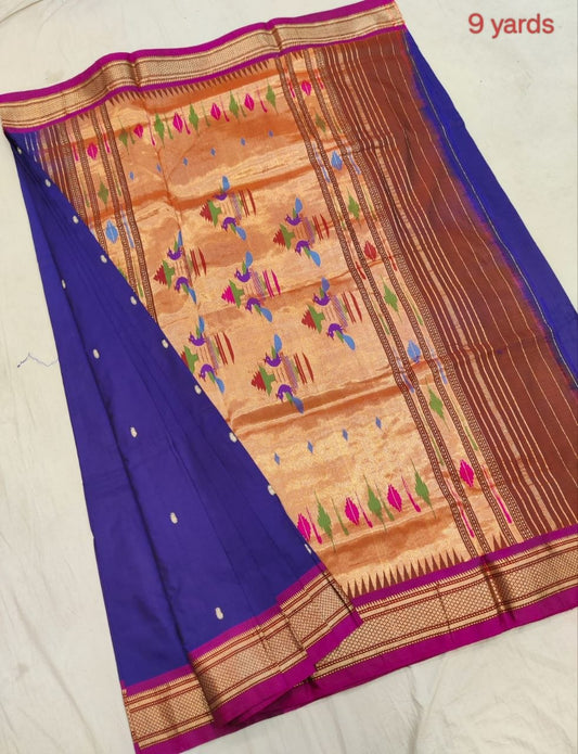 Pure Silk Handloom Nauvari Saree - 9 Yard in Blue - Yeola