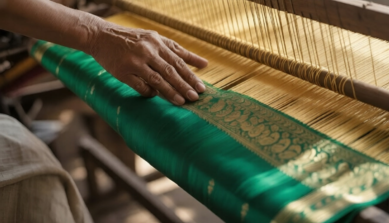Close up of master weaver hands crafting a pure silk Paithani saree on a traditional handloom in Yeola