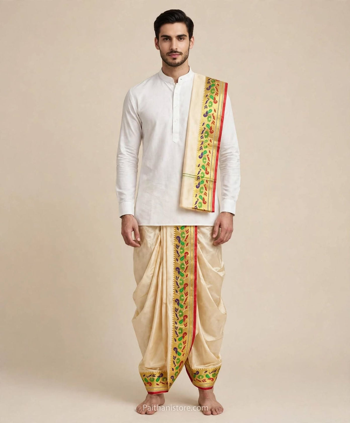 Cream ready to wear dhoti for men with colourful Paithani border and matching shela, worn with a white kurta