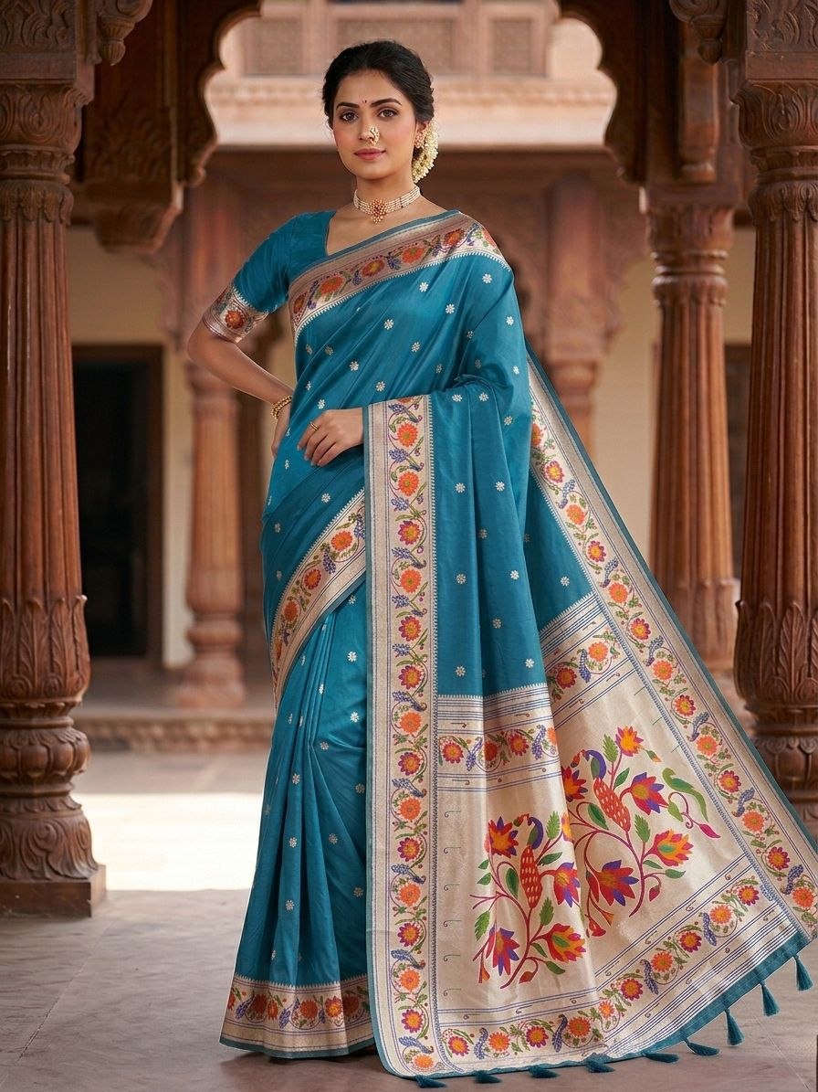 Lotus Peacock Brocade Paithani Saree in Peacock Blue - Yeola