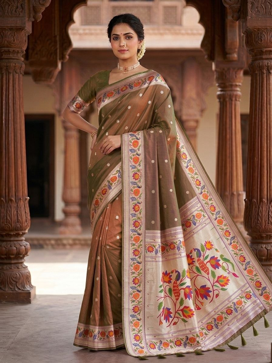 Lotus Peacock Brocade Paithani Saree in Mehendi - Yeola