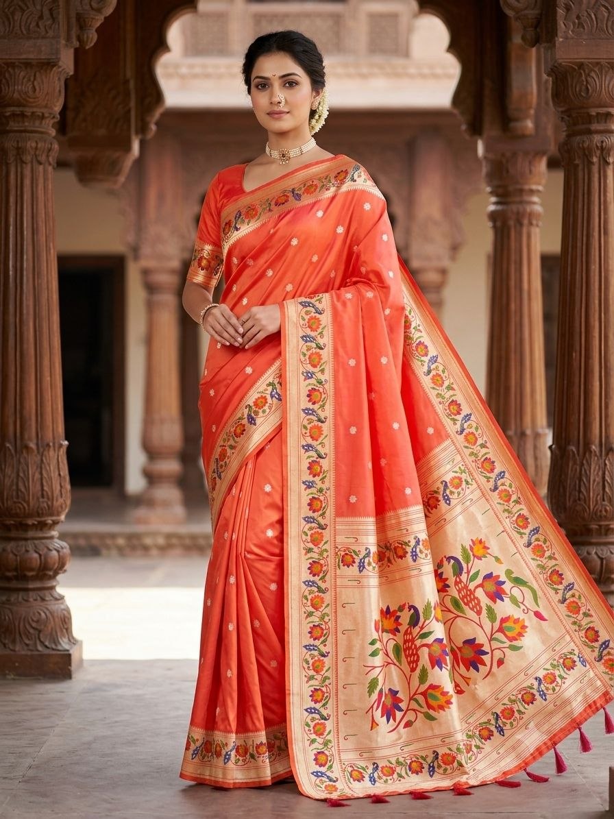 Lotus Peacock Brocade Paithani Saree in Orange - Yeola