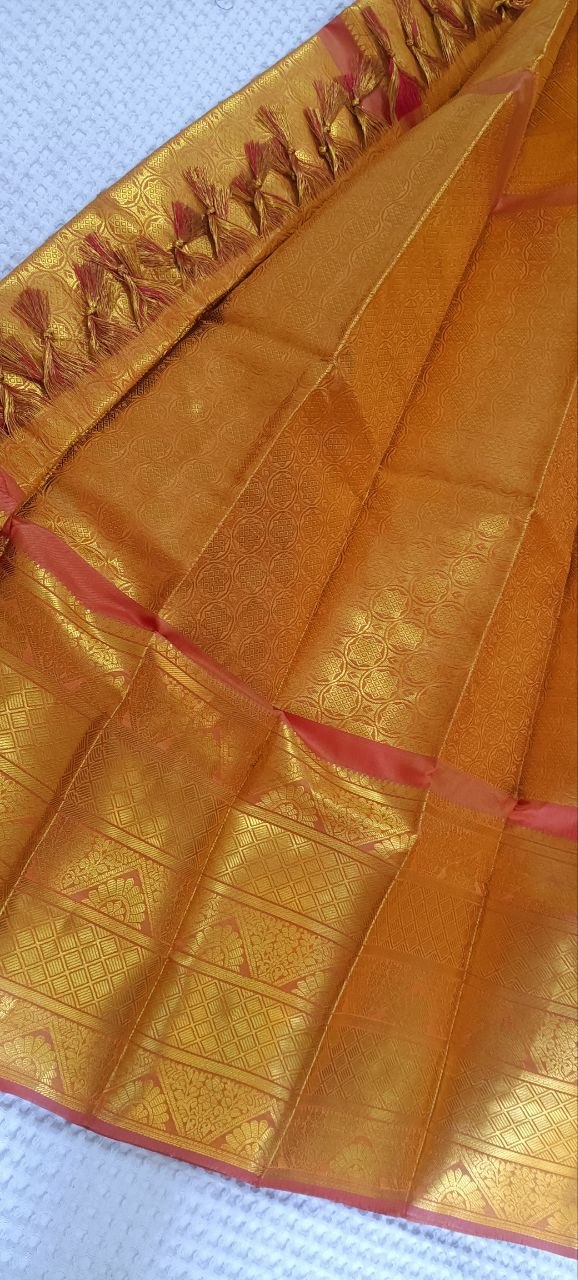 Golden Orange Paithani Shela with dense gold zari lattice weave